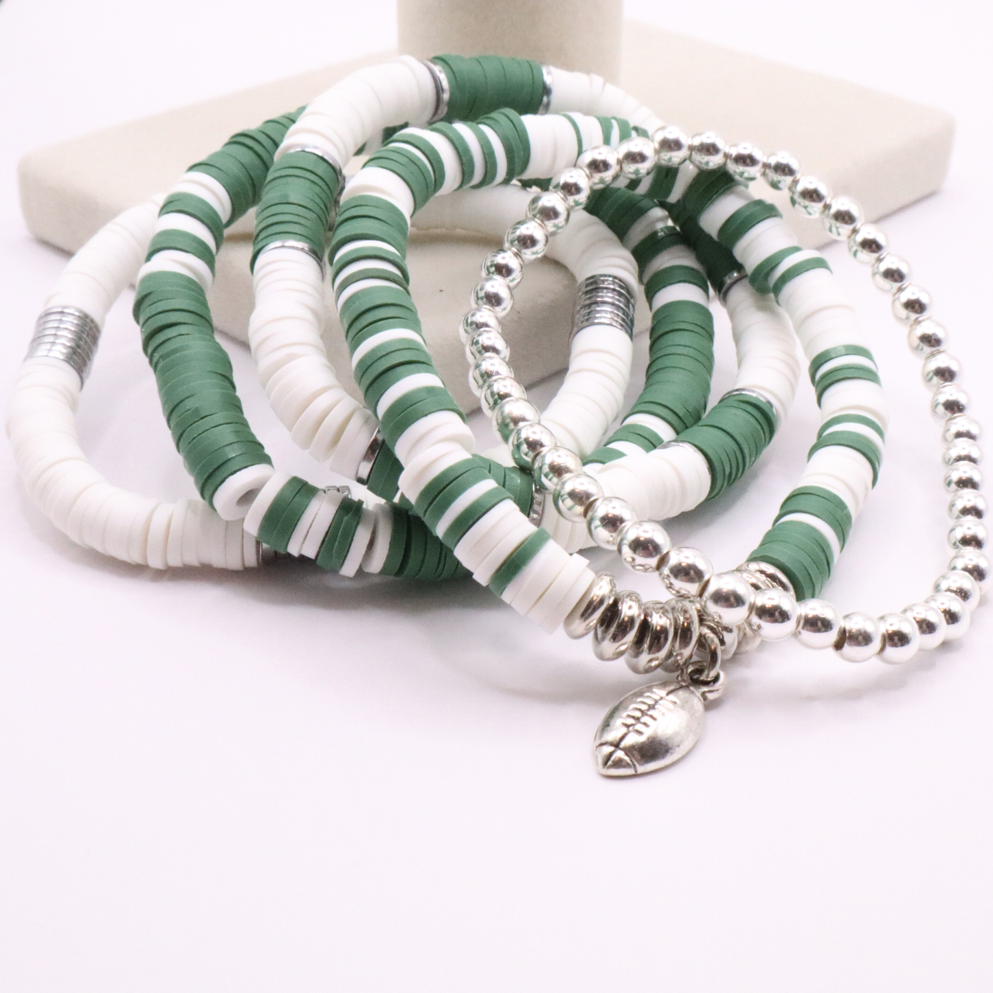 Green & White Game Day Clay Bead Bracelet Stack