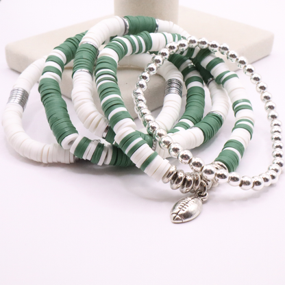 Green & White Game Day Clay Bead Bracelet Stack