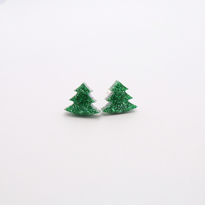 Christmas Tree Stud Earrings - Festive Holiday Acrylic Jewelry - Green Glitter Holiday Studs
