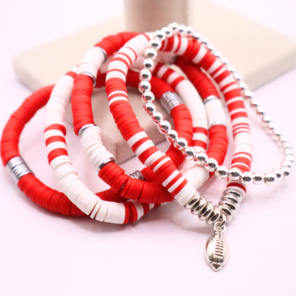 Red & White Game Day Clay Bead Bracelet Stack