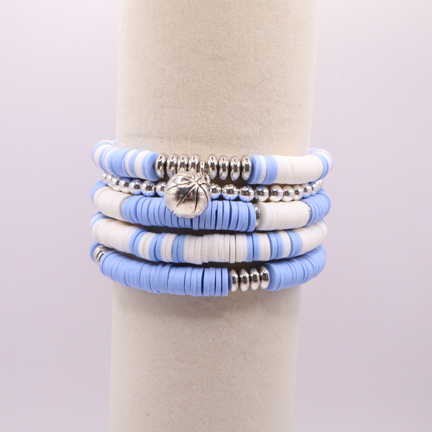 Light Blue & White Game Day Clay Bead Bracelet Stack