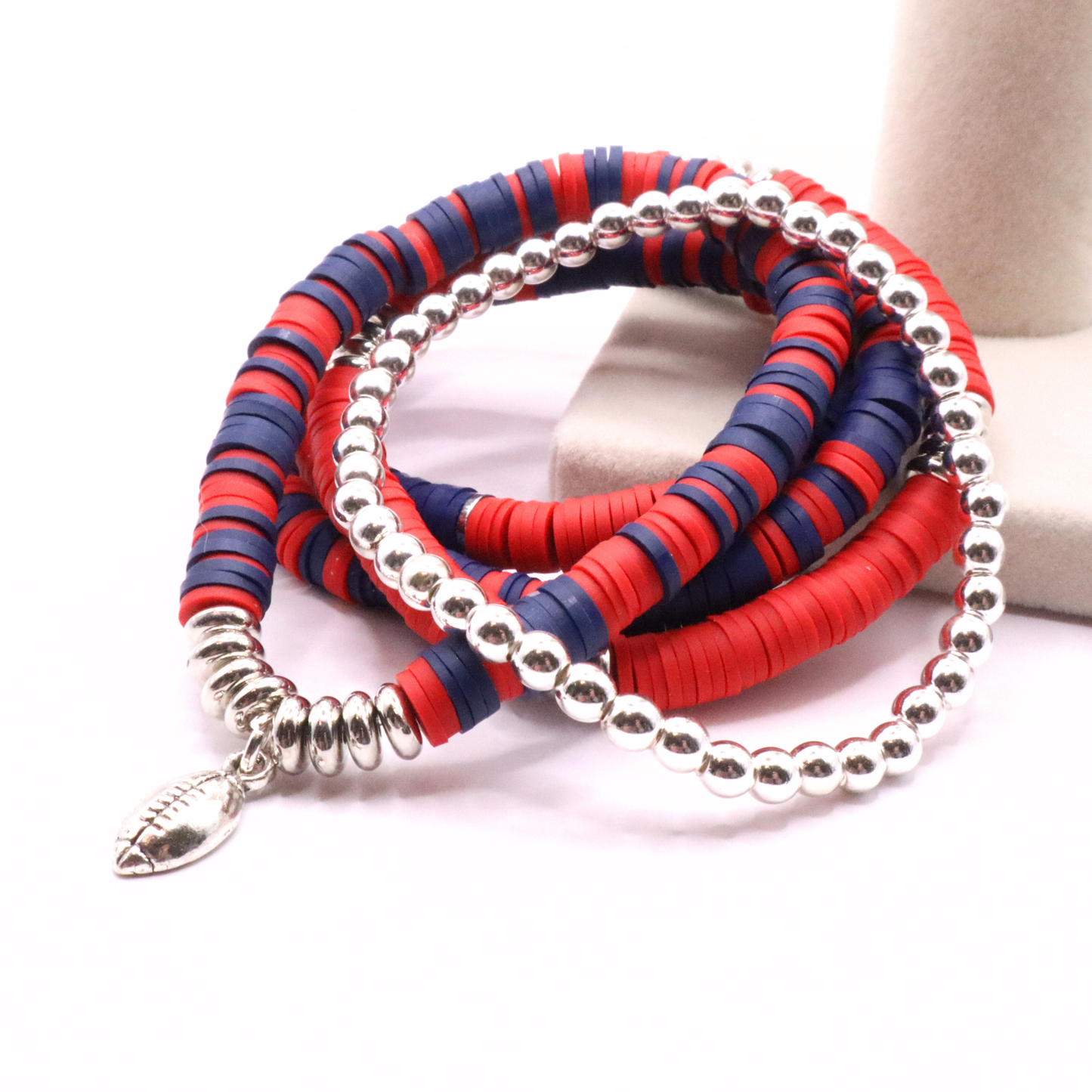 Red & Navy Blue Game Day Clay Bead Bracelet Stack