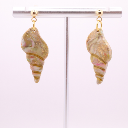 Lightweight polymer clay seashell earrings with soft blush, ivory, and gold shimmer