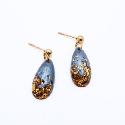 Denim Blue and Gold Resin Earrings - Moonlit Tide