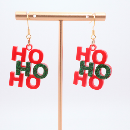 Festive "Ho Ho Ho" Christmas Earrings – Red and Green Acrylic