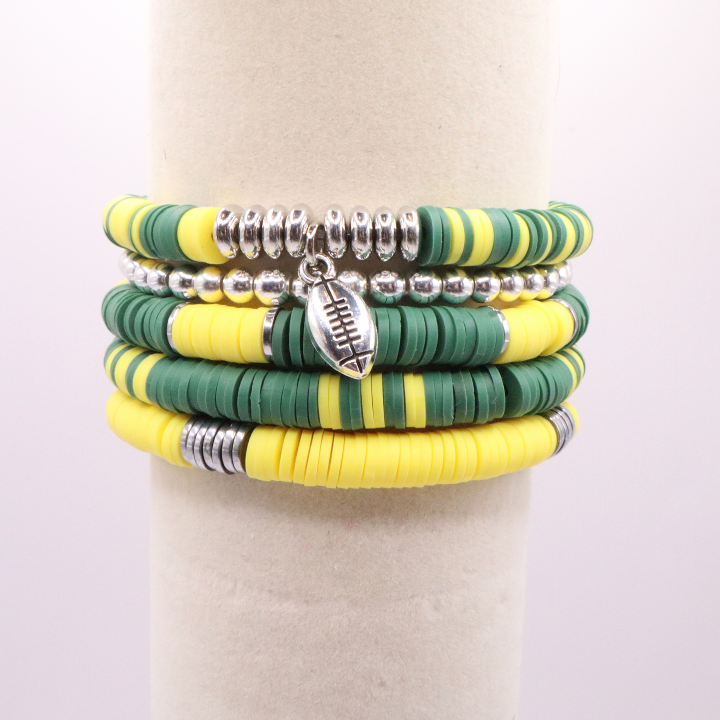 Green & Yellow Game Day Clay Bead Bracelet Stack