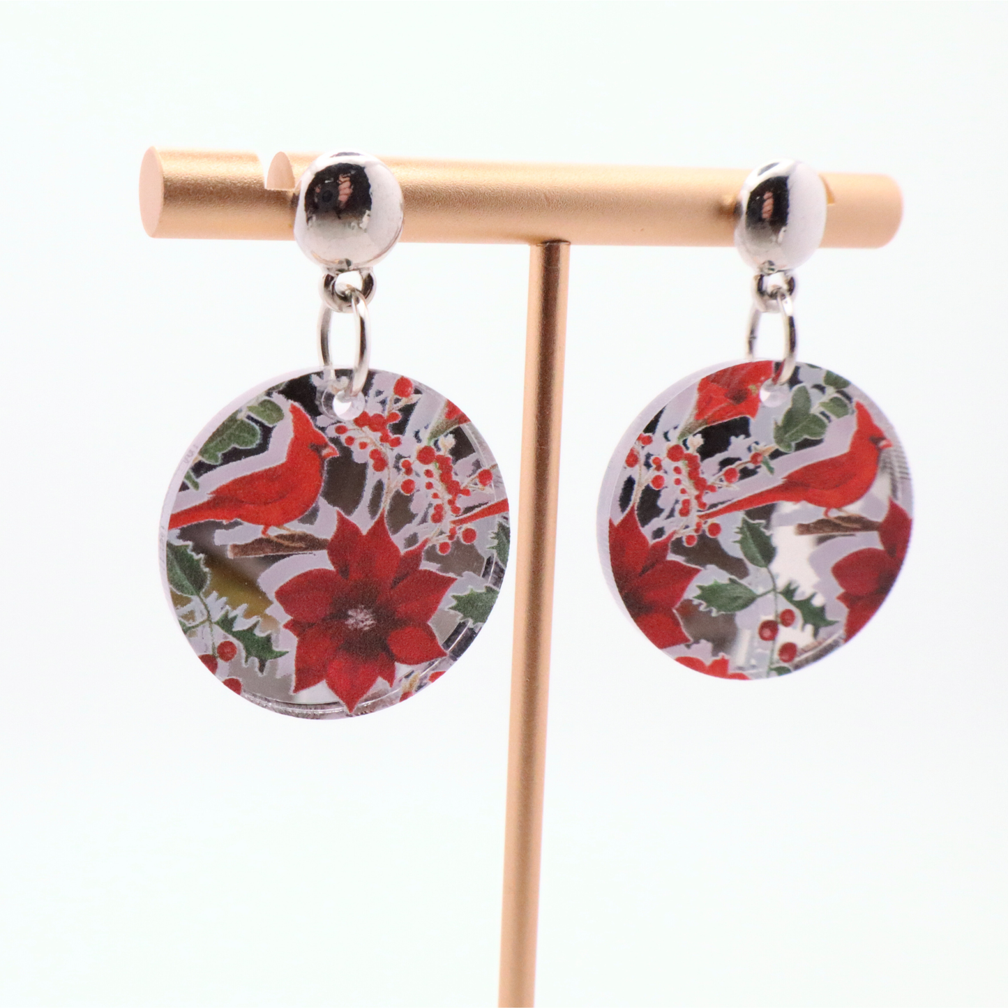 Cardinal & Poinsettia Christmas Earrings - Festive Mirrored Acrylic Holiday Dangles