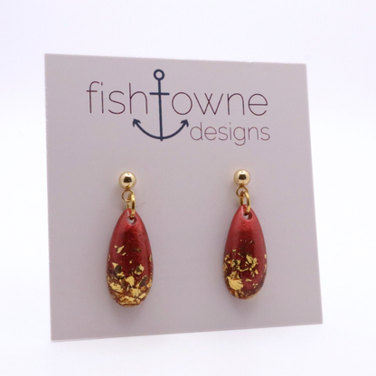 Dark Red and Gold Resin Earrings - Seaside Rust - Fish Towne Designs, LLC