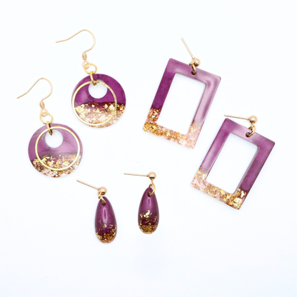 Purple and Gold Resin Earrings - Tidal Merlot