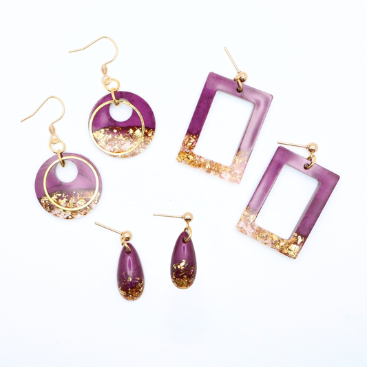 Purple and Gold Resin Earrings - Tidal Merlot