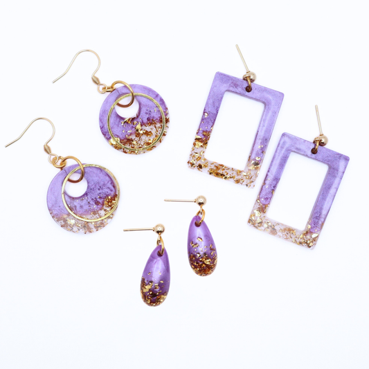 Purple and Gold Resin Earrings - Island Orchid
