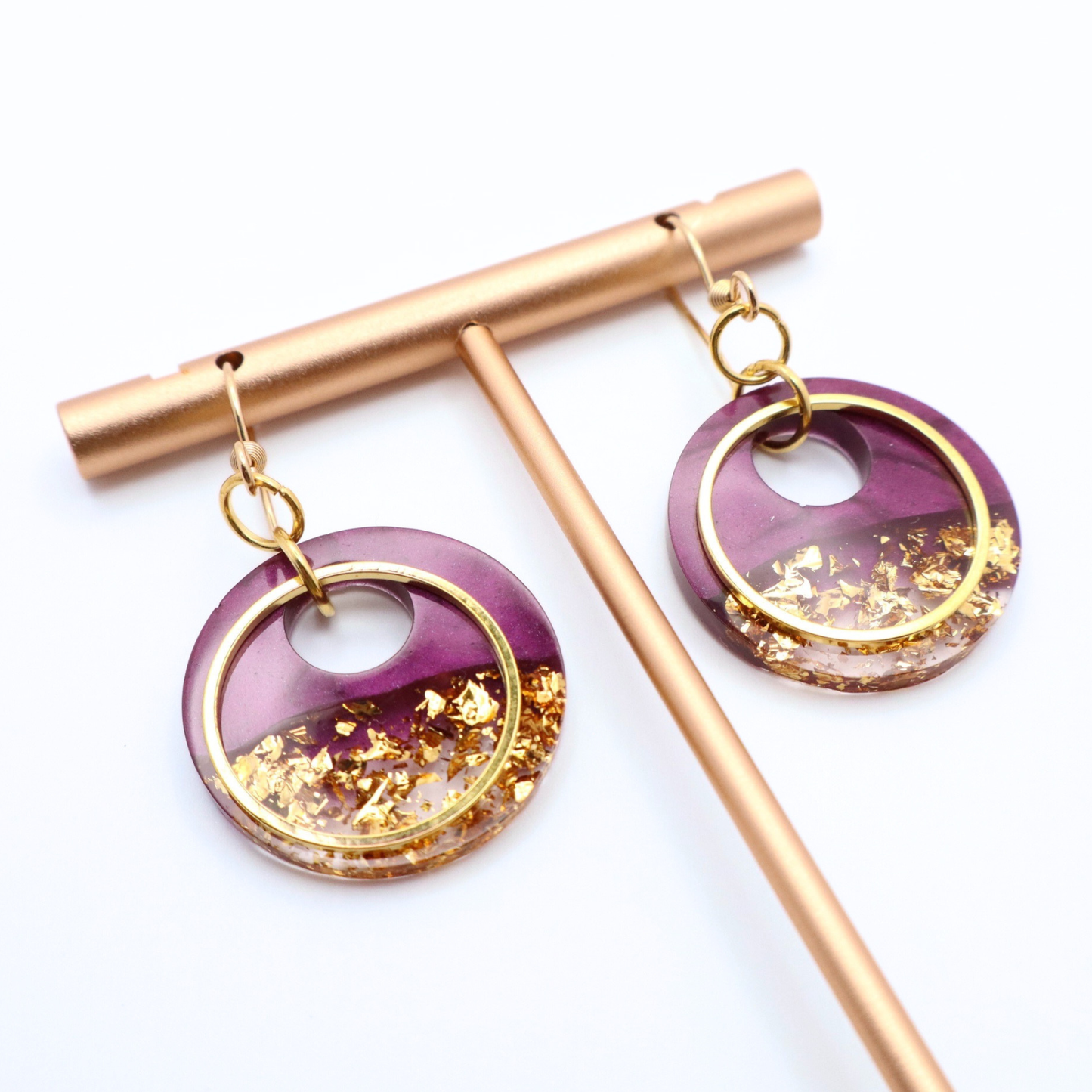 Purple and Gold Resin Earrings - Tidal Merlot