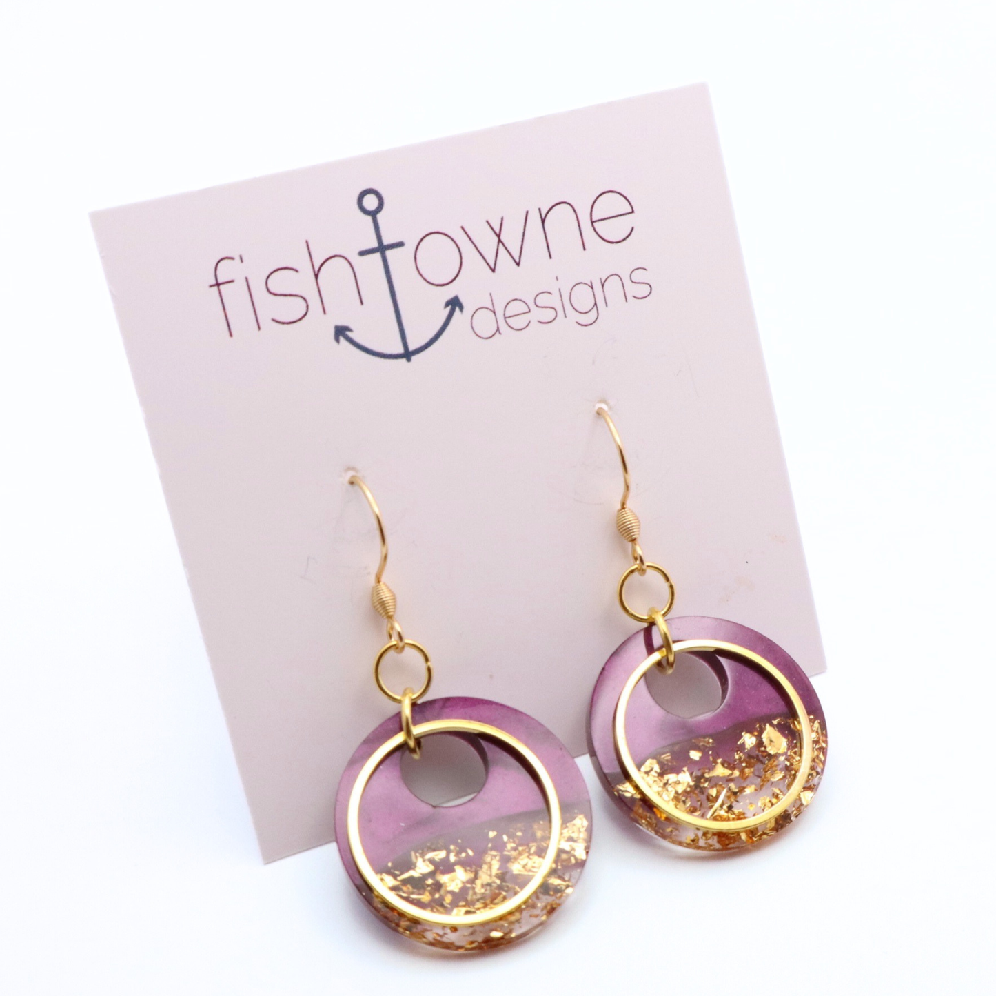 Purple and Gold Resin Earrings - Tidal Merlot