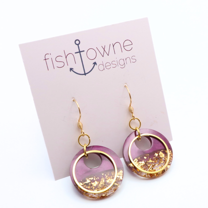 Purple and Gold Resin Earrings - Tidal Merlot