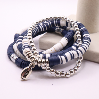 Navy Blue & White Game Day Clay Bead Bracelet Stack