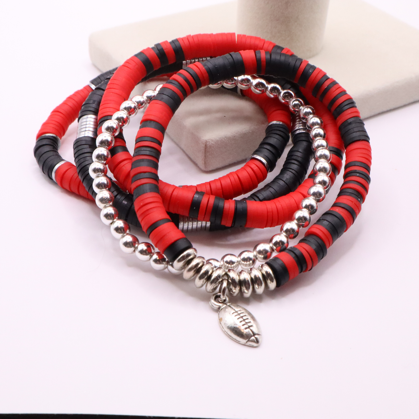 Red & Black Game Day Clay Bead Bracelet Stack