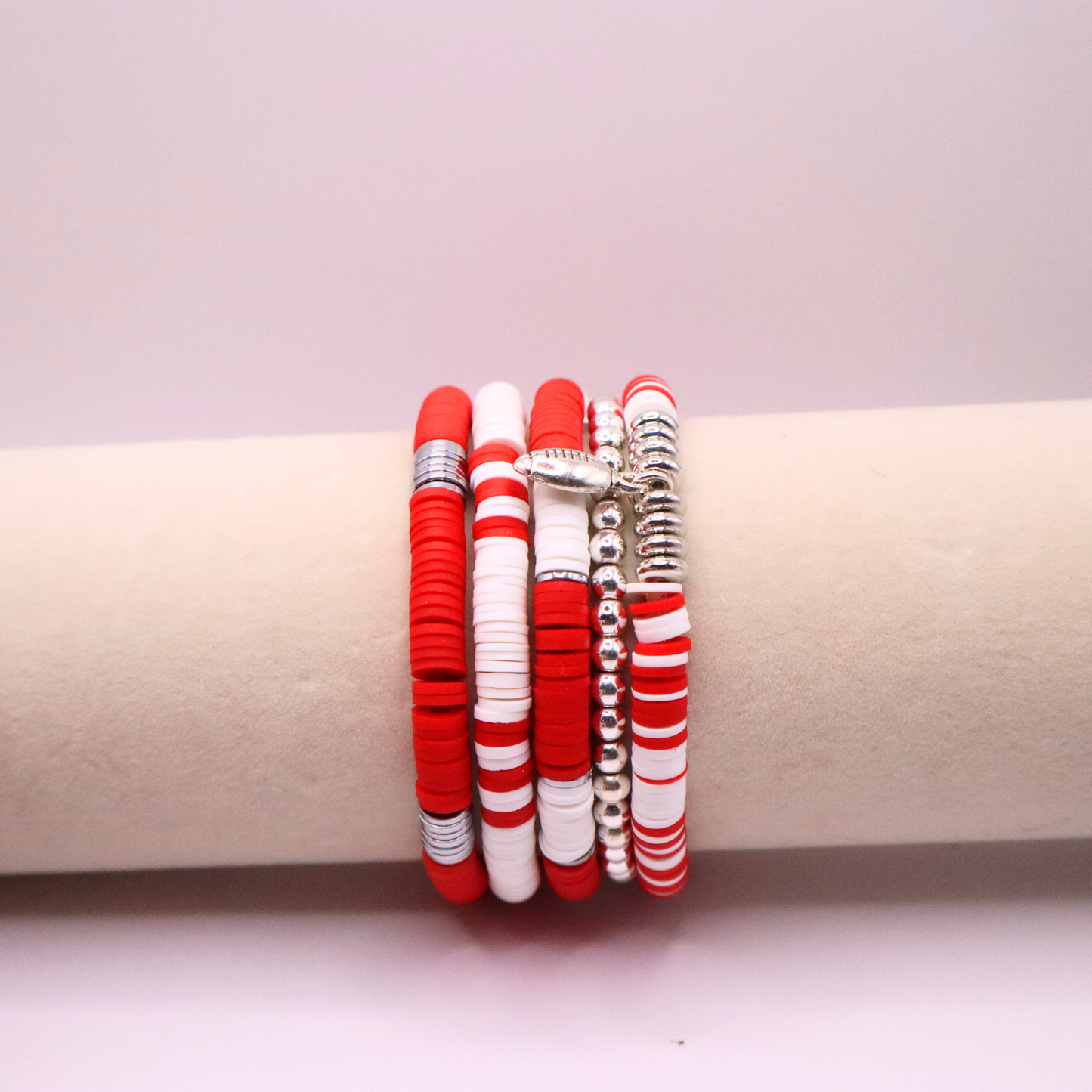Red & White Game Day Clay Bead Bracelet Stack