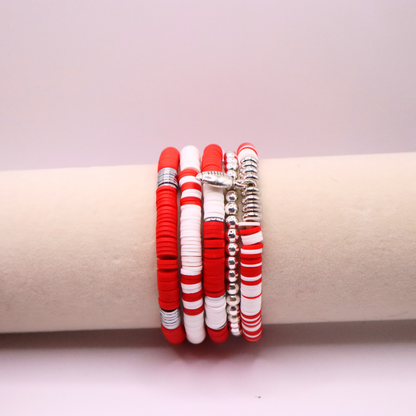 Red & White Game Day Clay Bead Bracelet Stack