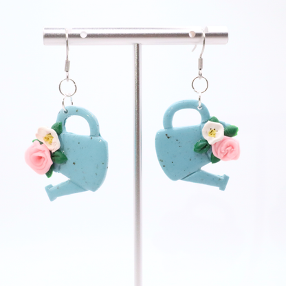 Handmade Watering Can Earrings, Floral Polymer Clay Earrings