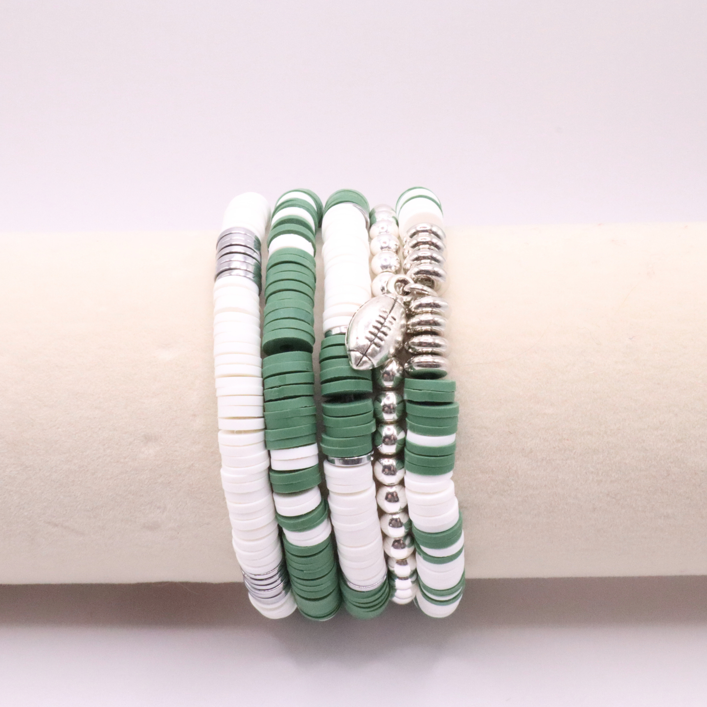Green & White Game Day Clay Bead Bracelet Stack