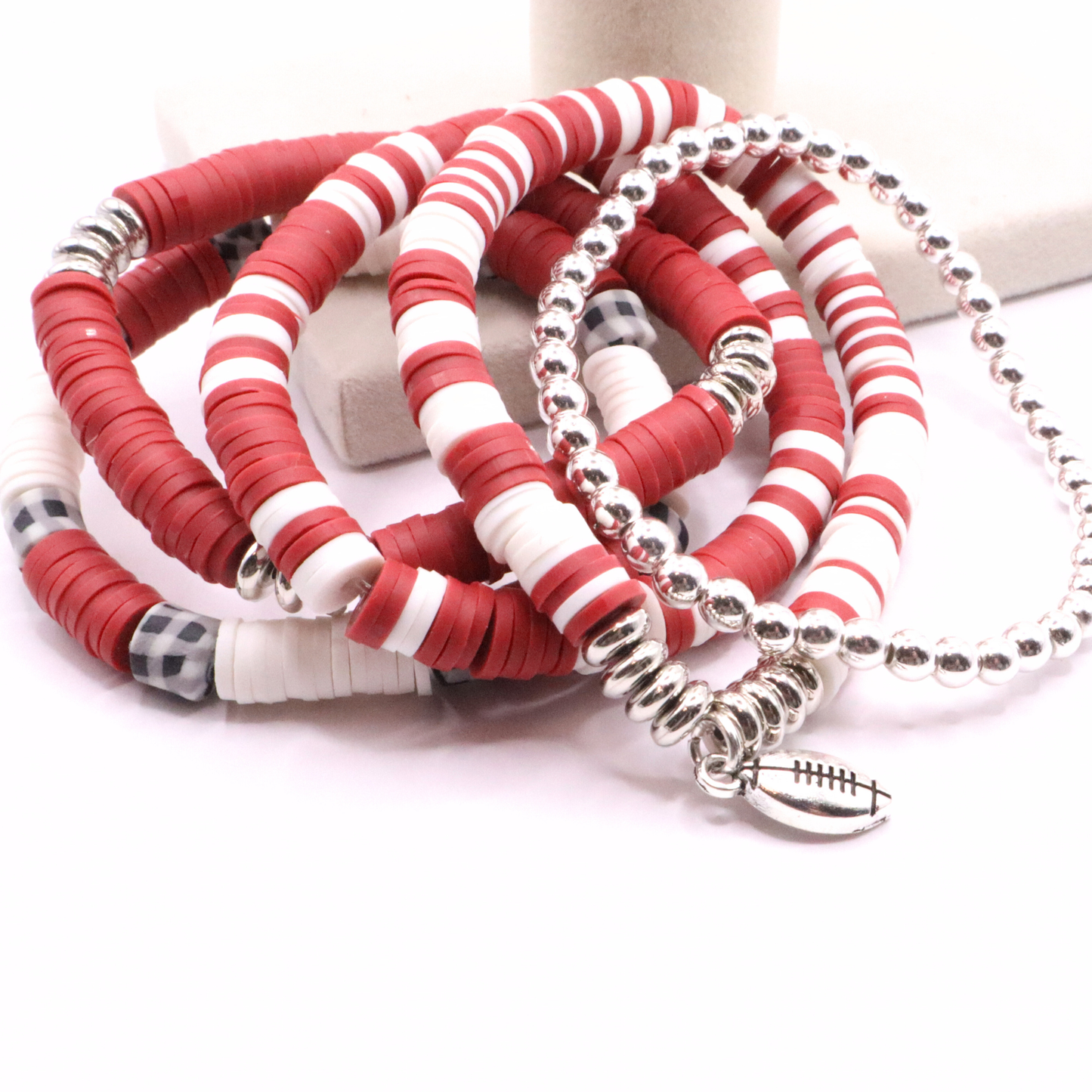Crimson & Houndstooth Game Day Clay Bead Bracelet Stack