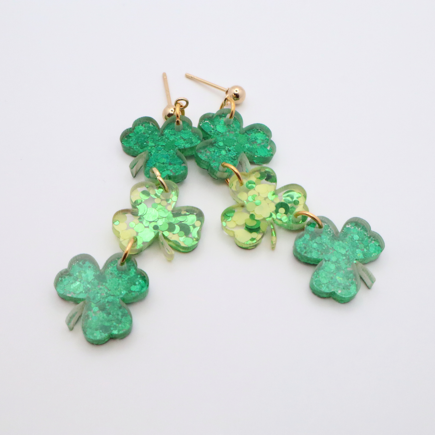St. Patrick's Day Shamrock Acrylic Earrings | Green Glitter Dangles