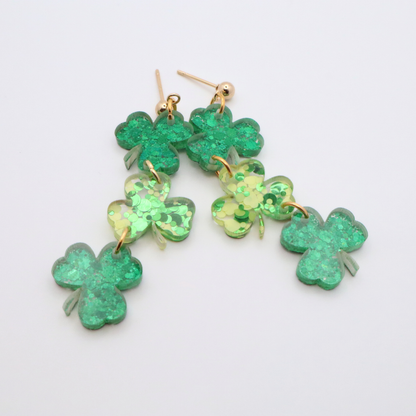 St. Patrick's Day Shamrock Acrylic Earrings | Green Glitter Dangles