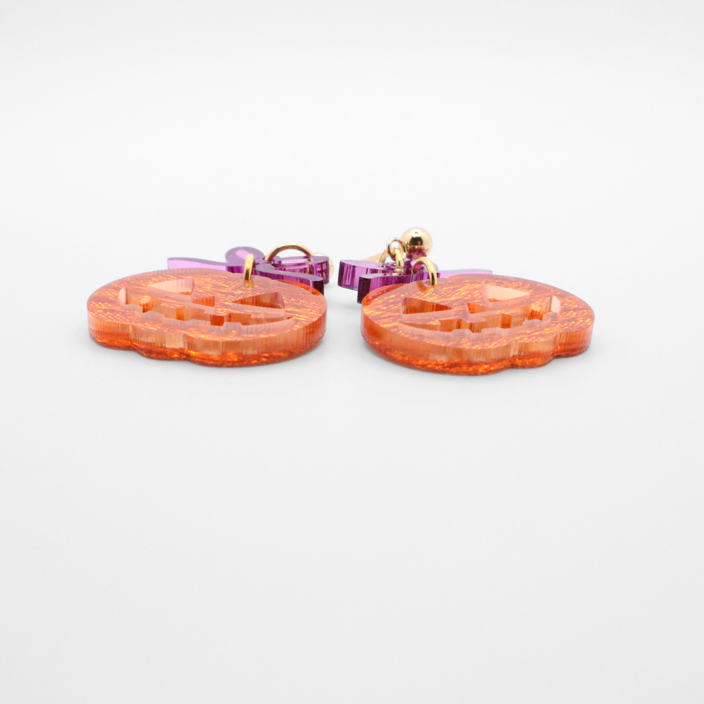 Pumpkin Earrings with Purple Mirrored Bow – Halloween Acrylic Dangle