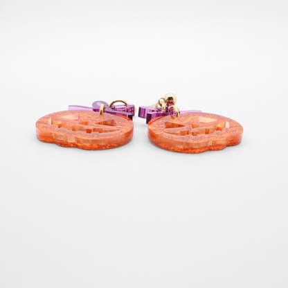 Pumpkin Earrings with Purple Mirrored Bow – Halloween Acrylic Dangle