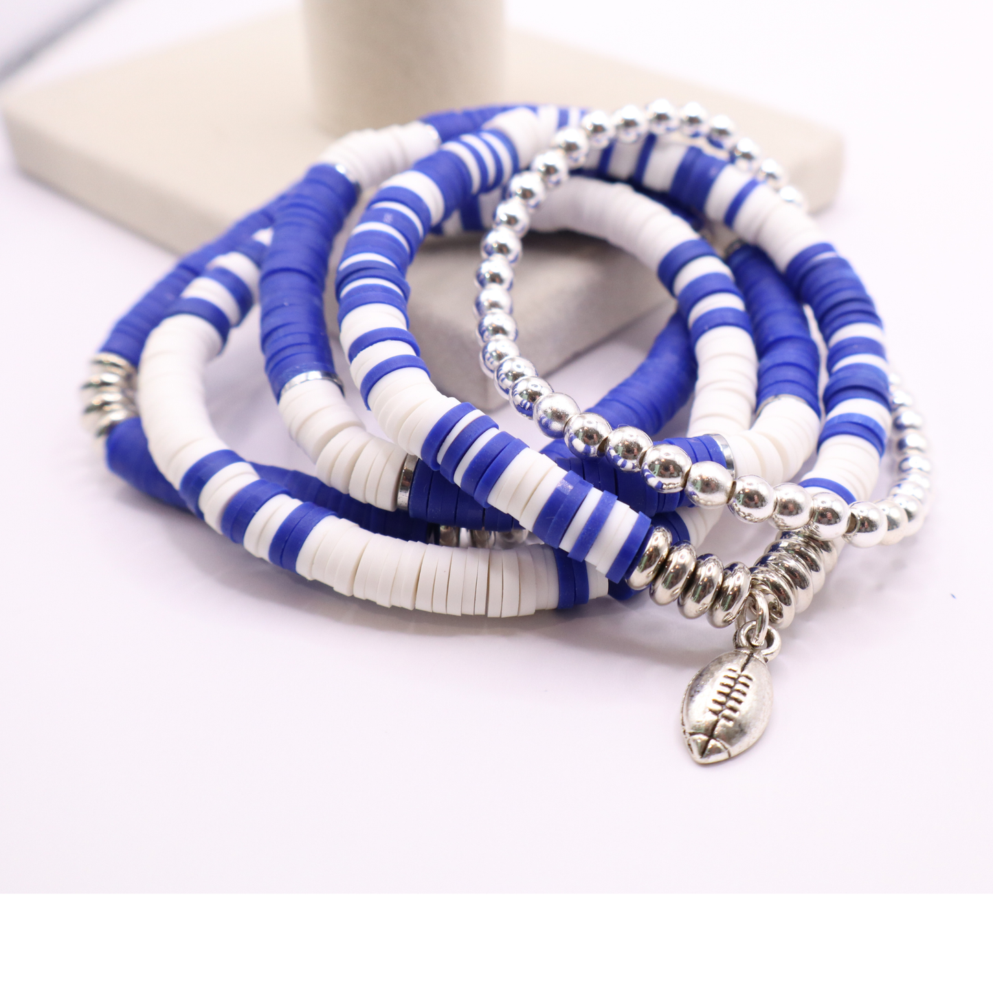 Royal Blue & White Game Day Clay Bead Bracelet Stack