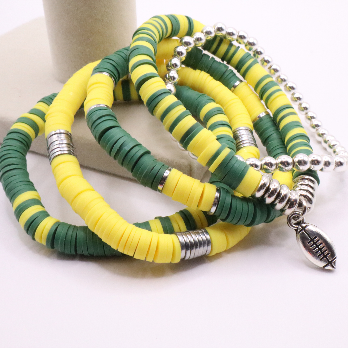 Green & Yellow Game Day Clay Bead Bracelet Stack