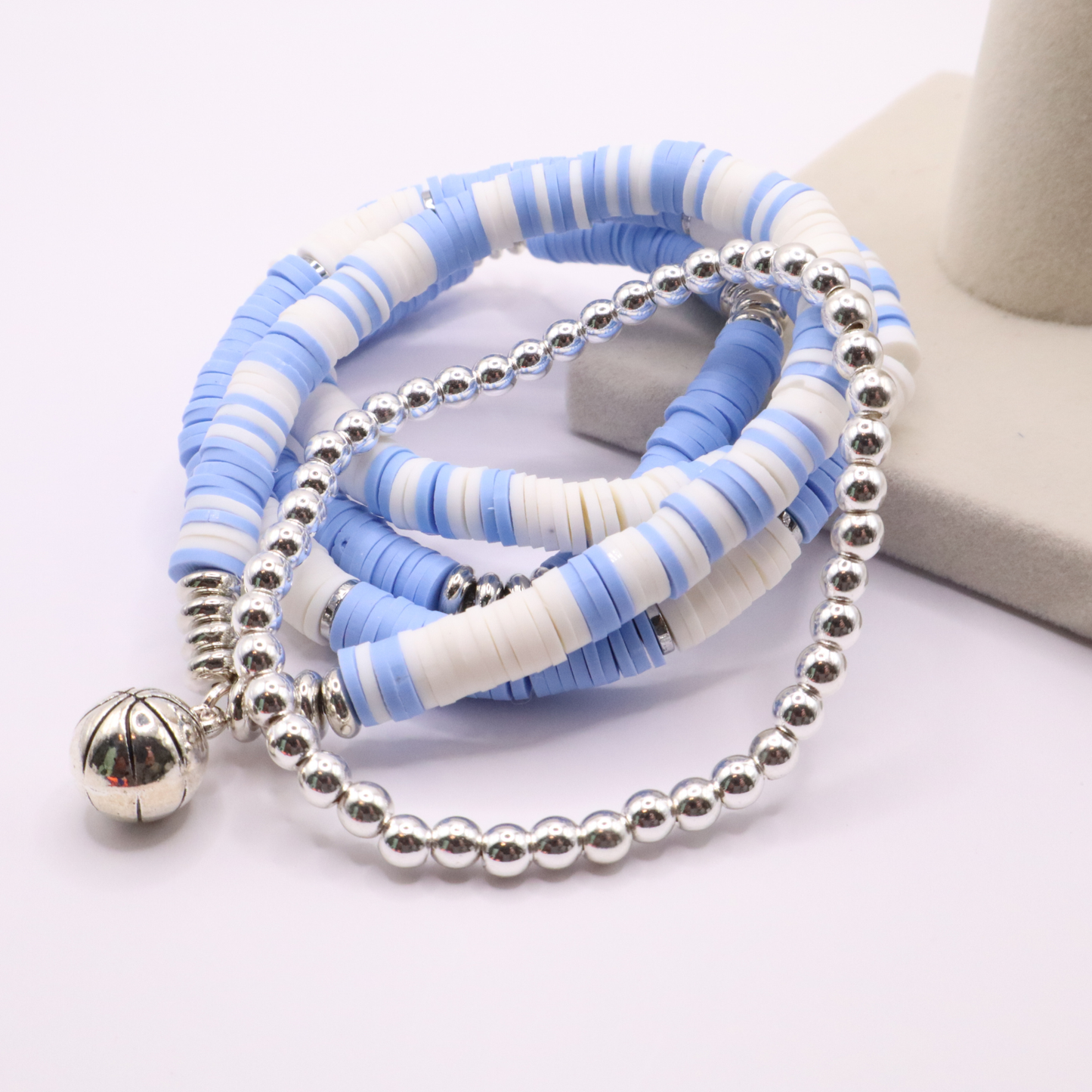 Light Blue & White Game Day Clay Bead Bracelet Stack