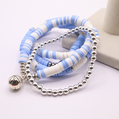 Light Blue & White Game Day Clay Bead Bracelet Stack