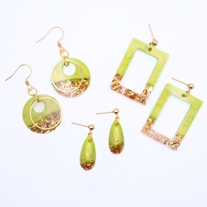 Lime Green and Gold Resin Earrings - Key Lime Pie