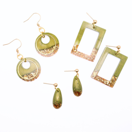Olive Green and Gold Resin Earrings - Wild Seagrass