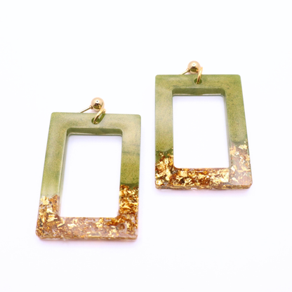 Olive Green and Gold Resin Earrings - Wild Seagrass