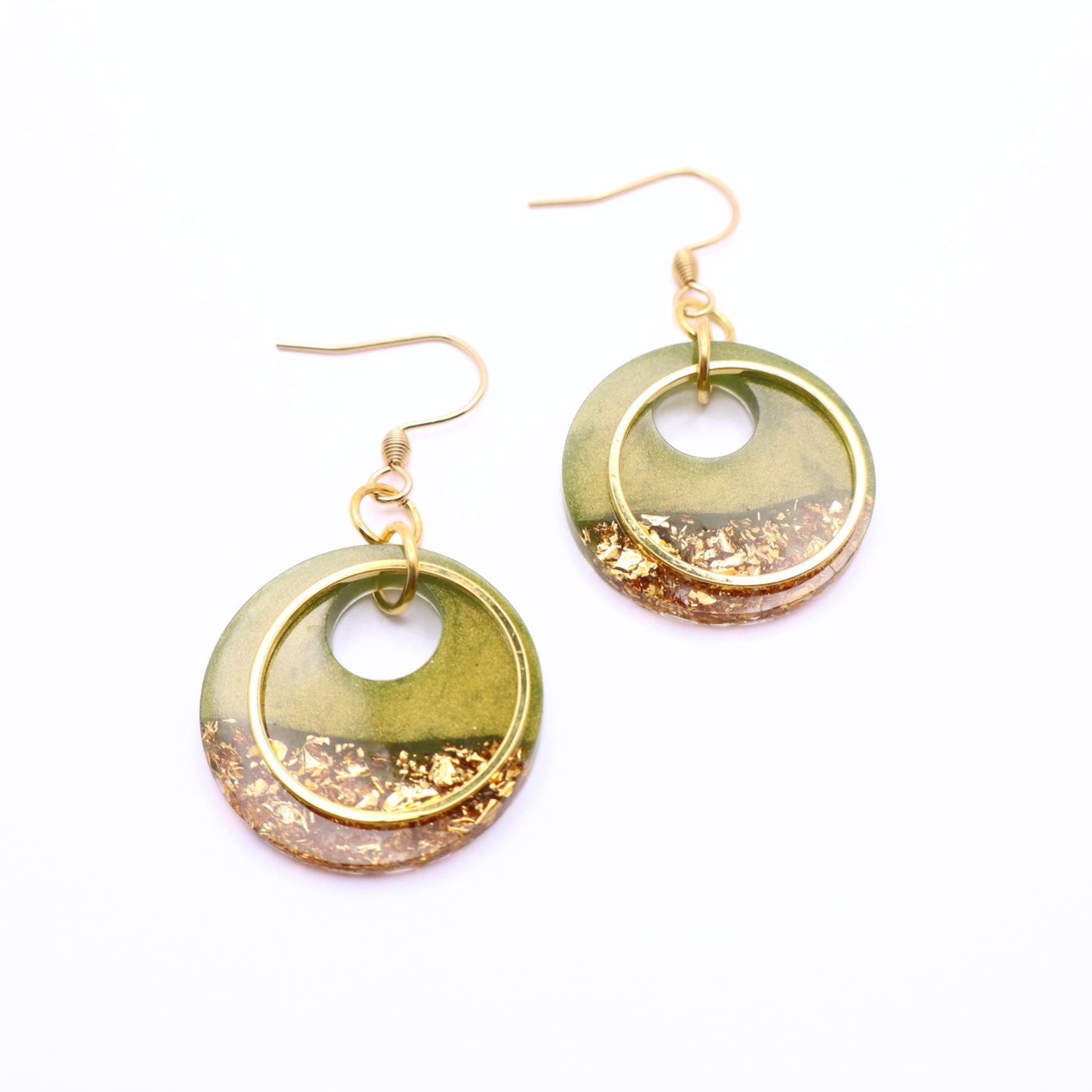 Olive Green and Gold Resin Earrings - Wild Seagrass