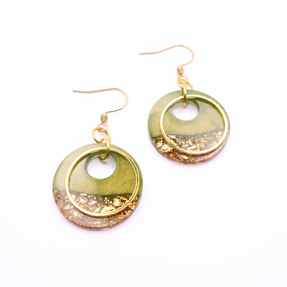 Olive Green and Gold Resin Earrings - Wild Seagrass