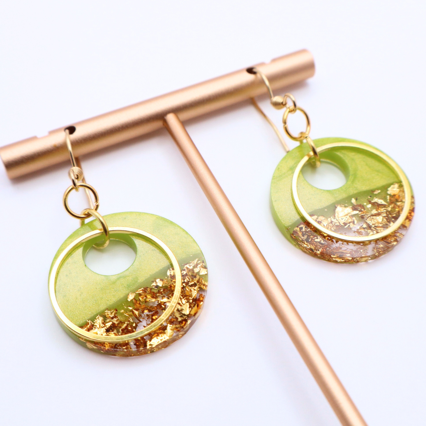 Lime Green and Gold Resin Earrings - Key Lime Pie