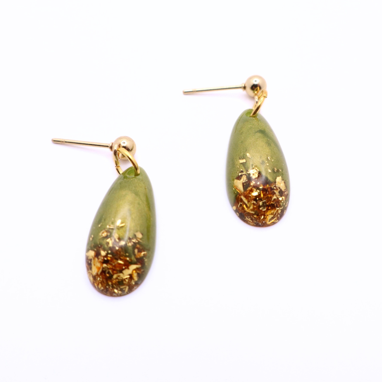 Olive Green and Gold Resin Earrings - Wild Seagrass