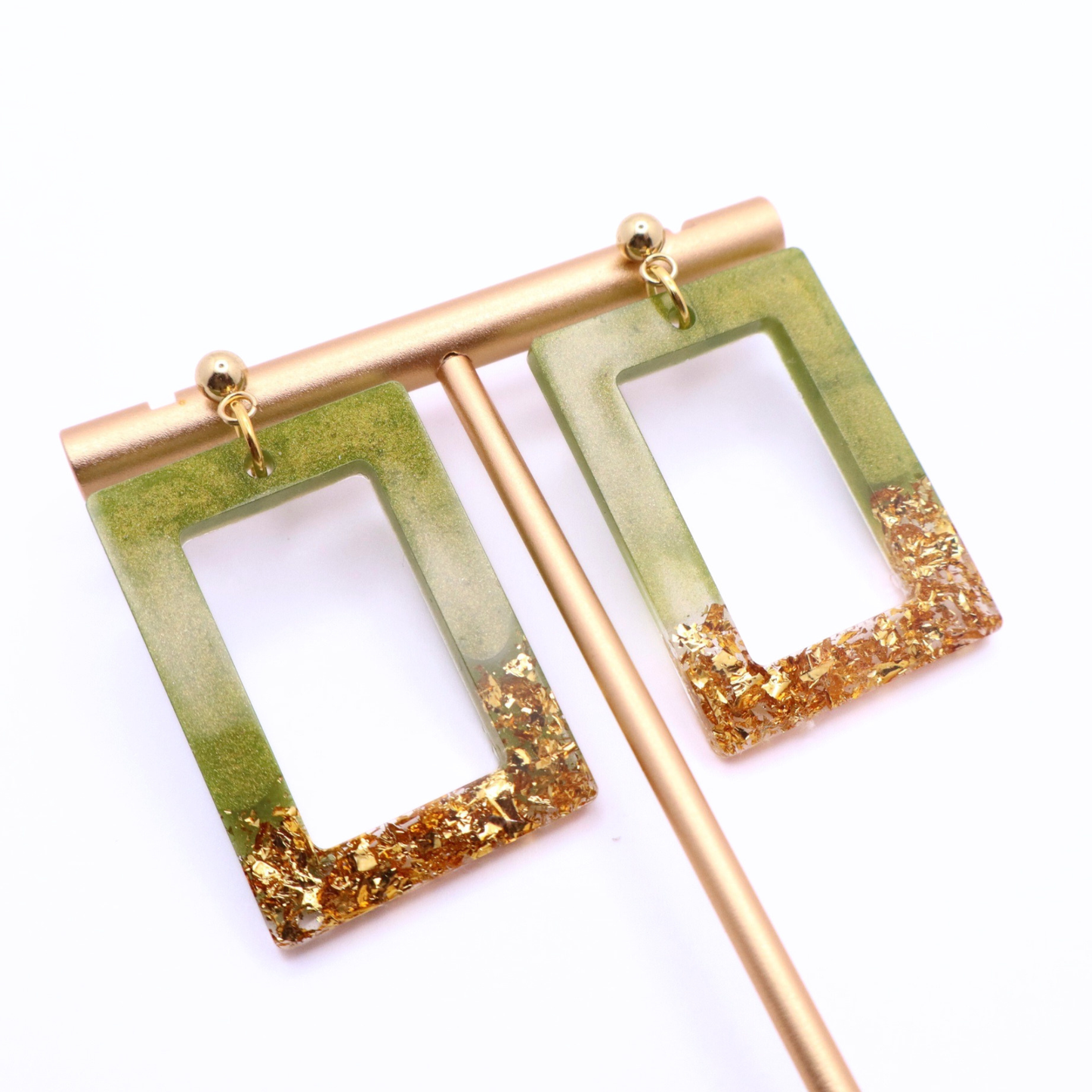 Olive Green and Gold Resin Earrings - Wild Seagrass
