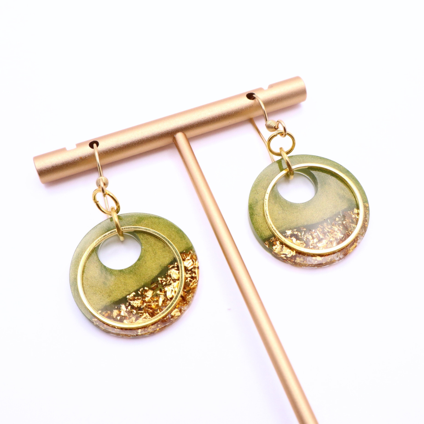 Olive Green and Gold Resin Earrings - Wild Seagrass