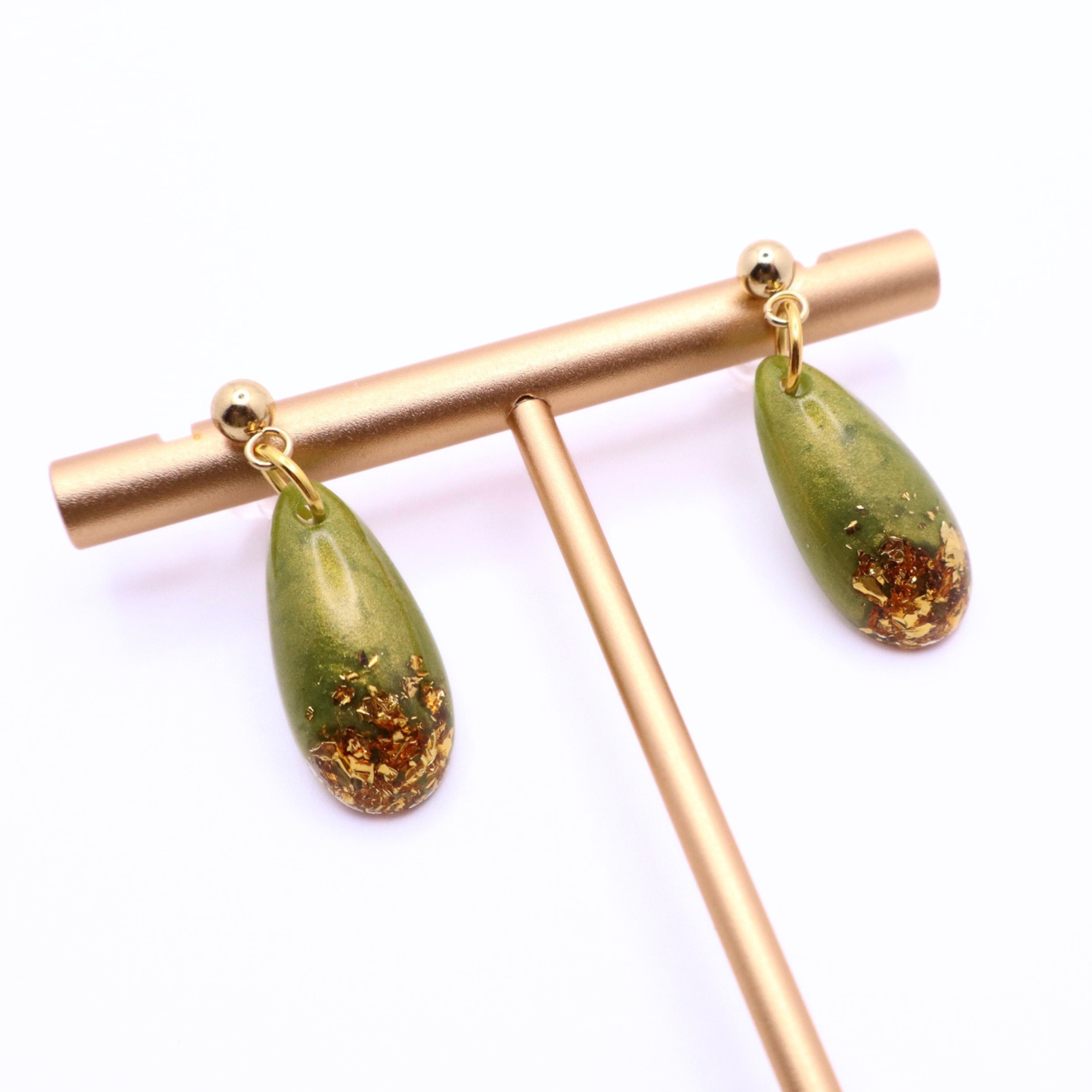 Olive Green and Gold Resin Earrings - Wild Seagrass