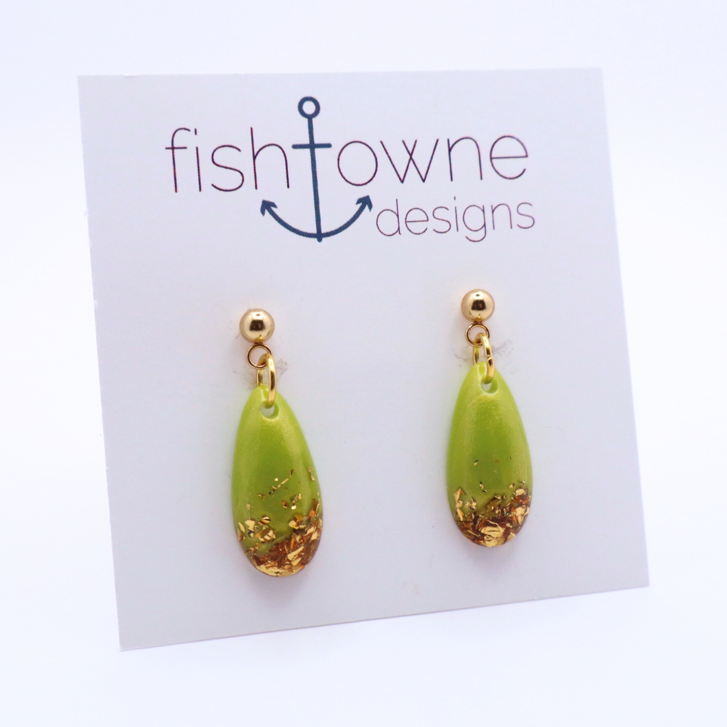 Lime Green and Gold Resin Earrings - Key Lime Pie