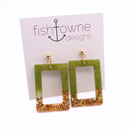 Olive Green and Gold Resin Earrings - Wild Seagrass