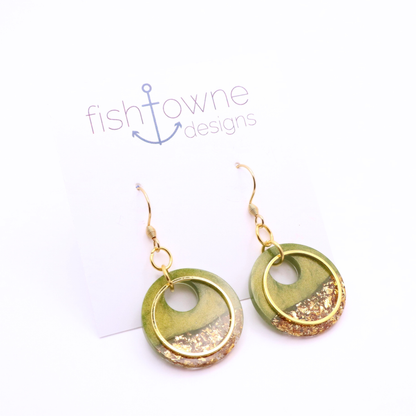 Olive Green and Gold Resin Earrings - Wild Seagrass