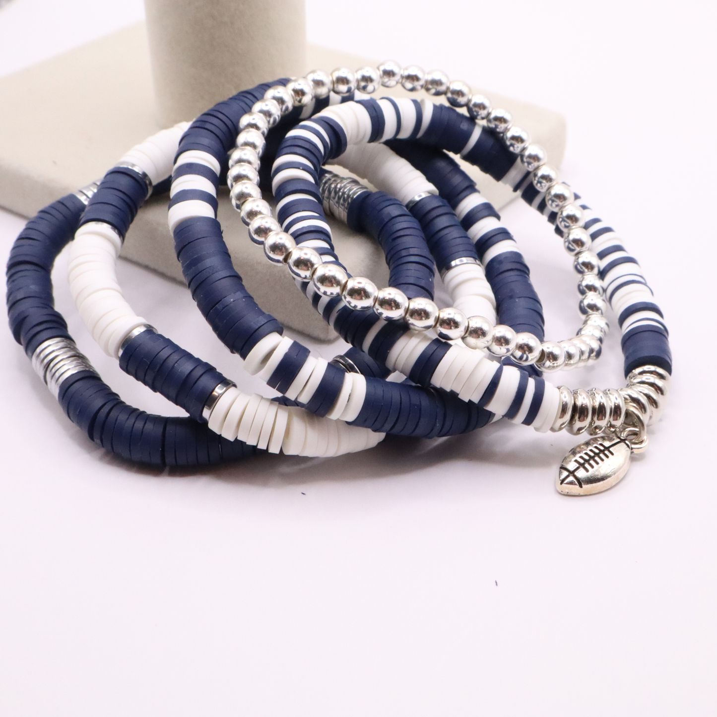 Navy Blue & White Game Day Clay Bead Bracelet Stack