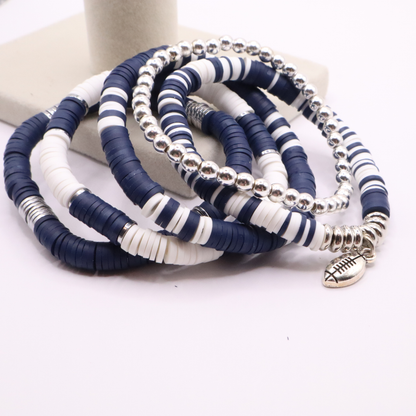 Navy Blue & White Game Day Clay Bead Bracelet Stack