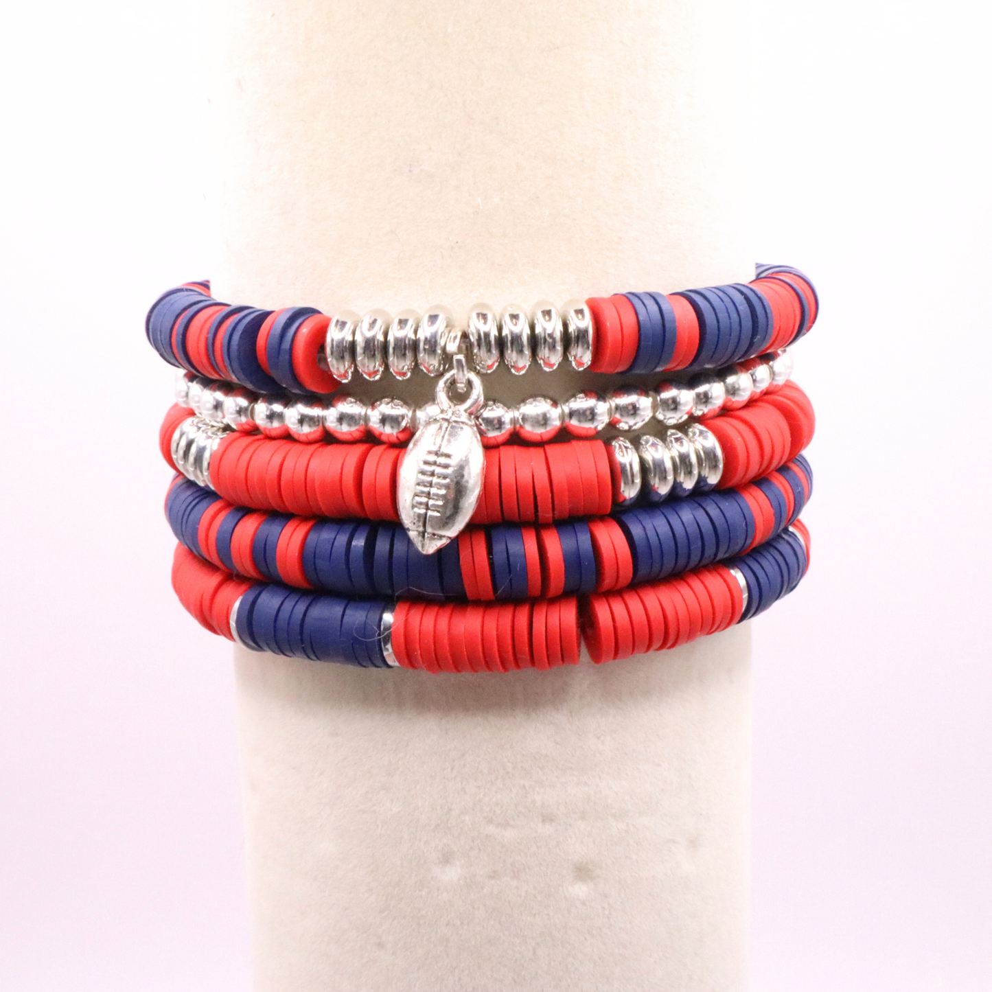 Red & Navy Blue Game Day Clay Bead Bracelet Stack