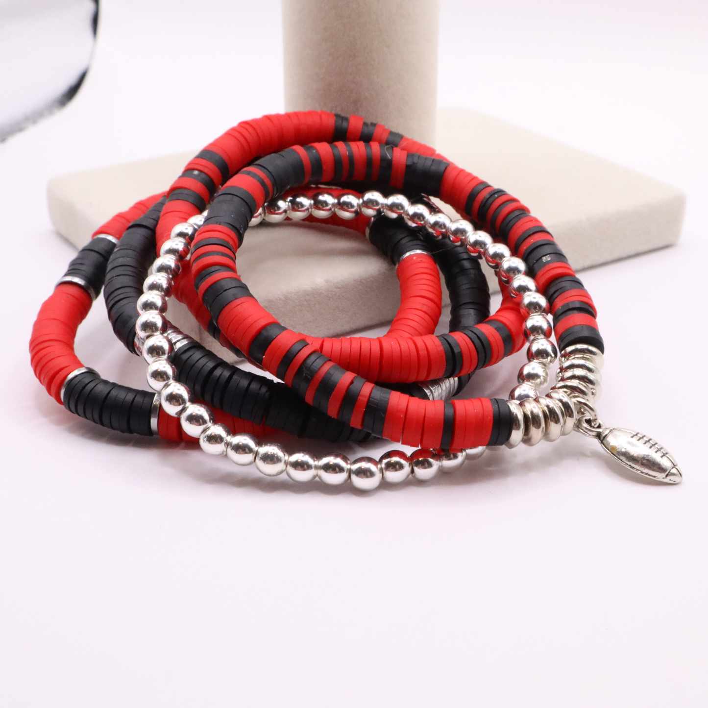 Red & Black Game Day Clay Bead Bracelet Stack